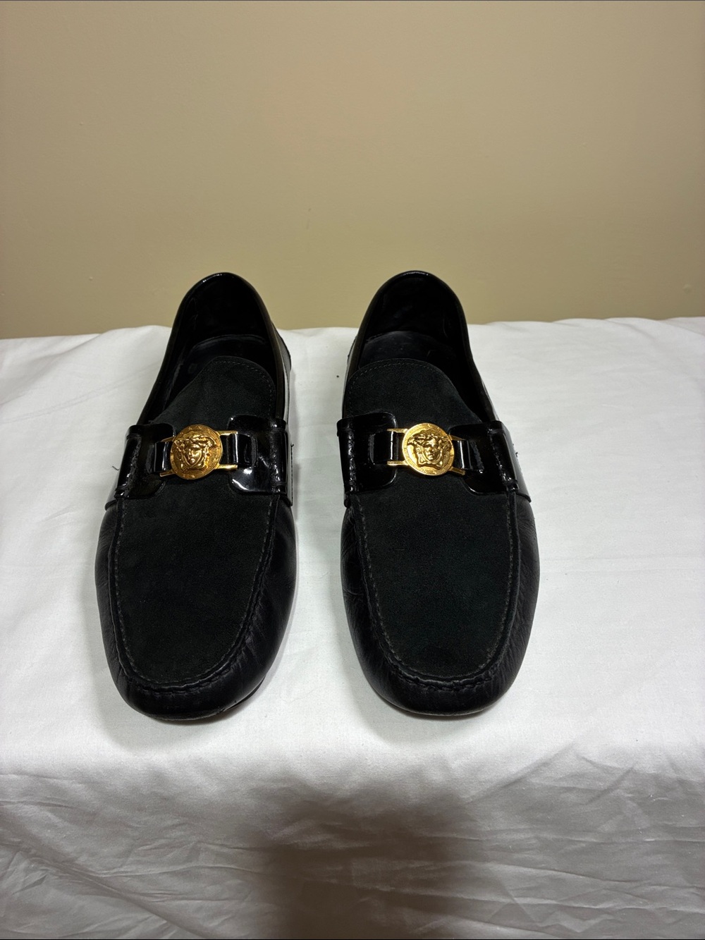 Versace Gold Medusa Black Suede & Patent Leather Loafers with Gold Hardware